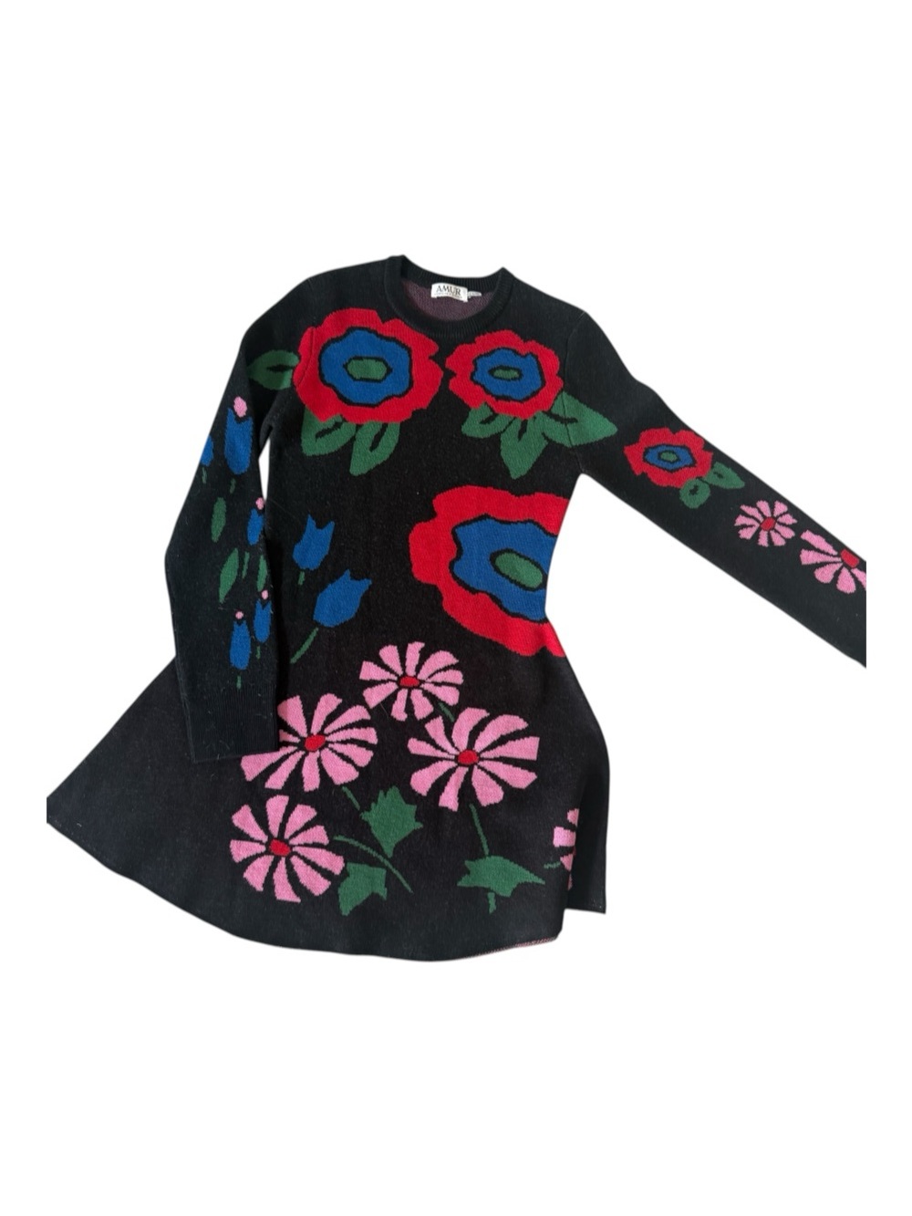AMUR Black Long-Sleeve Knit Dress with Red, Blue, Pink and Green Floral Motif - Picture 2 of 2